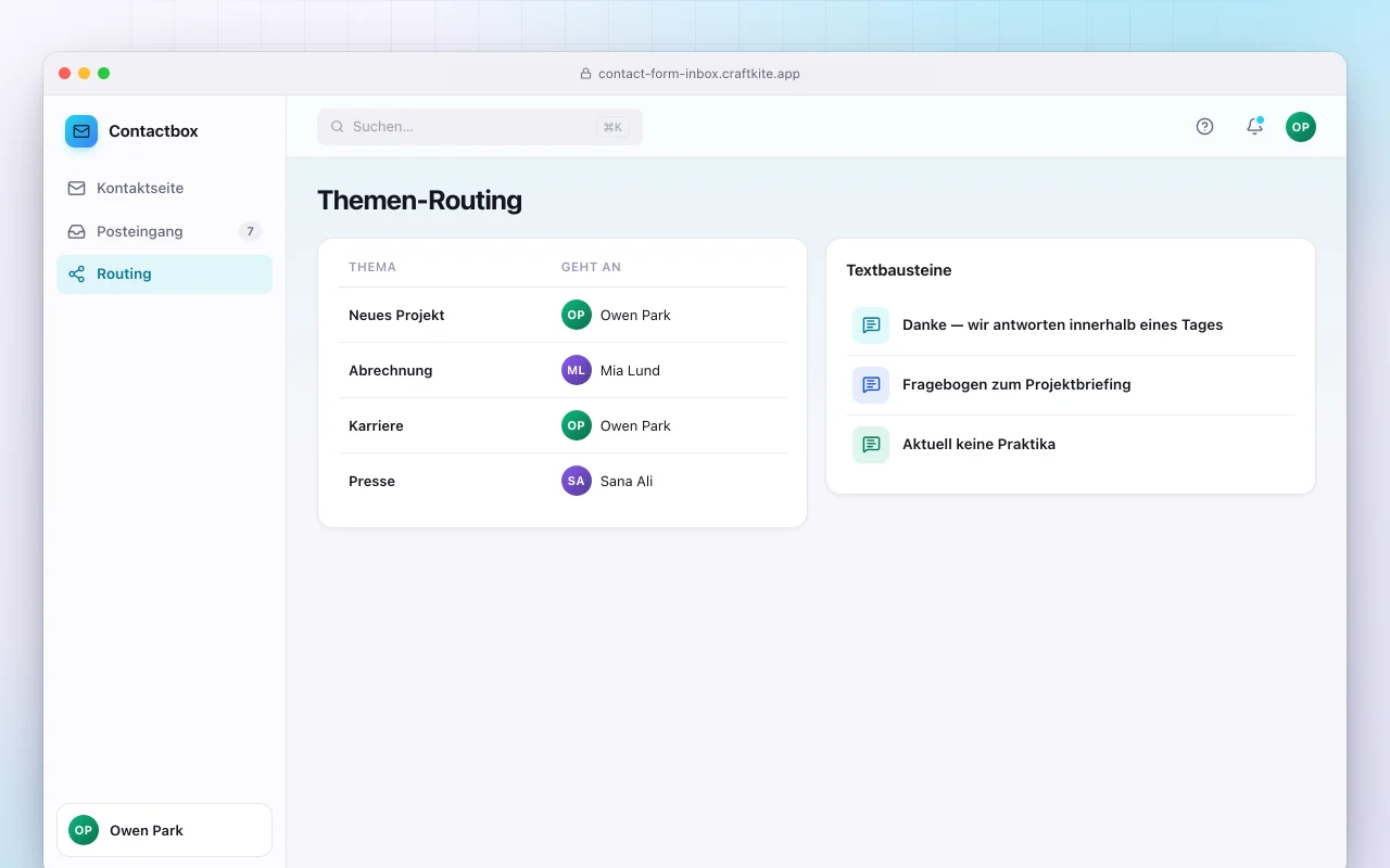 Kontaktformular mit Posteingang: der Bildschirm „Themen-Routing“