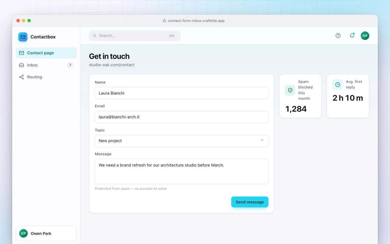 Contact form with inbox: the Get in touch screen