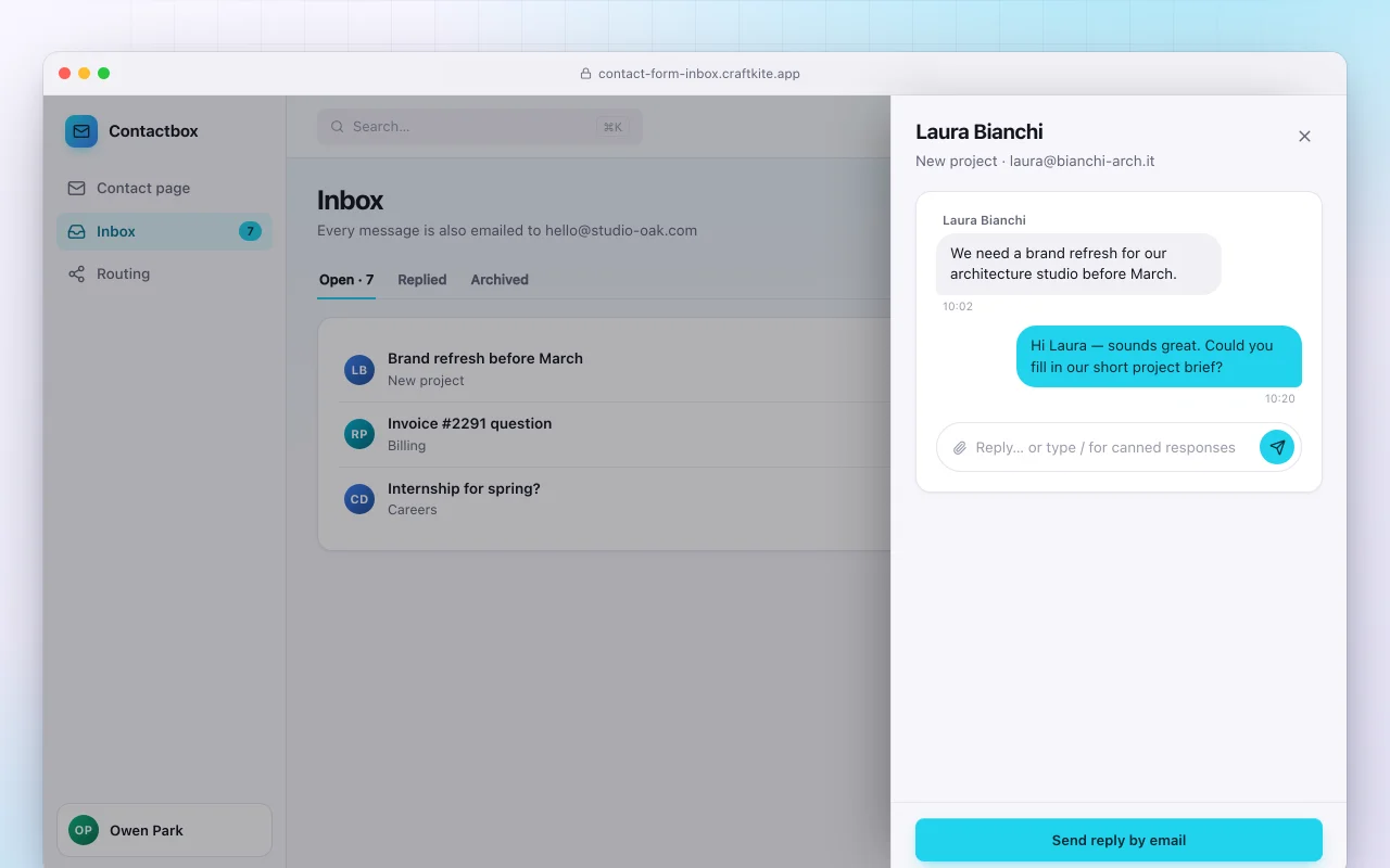 Contact form with inbox: the Inbox screen