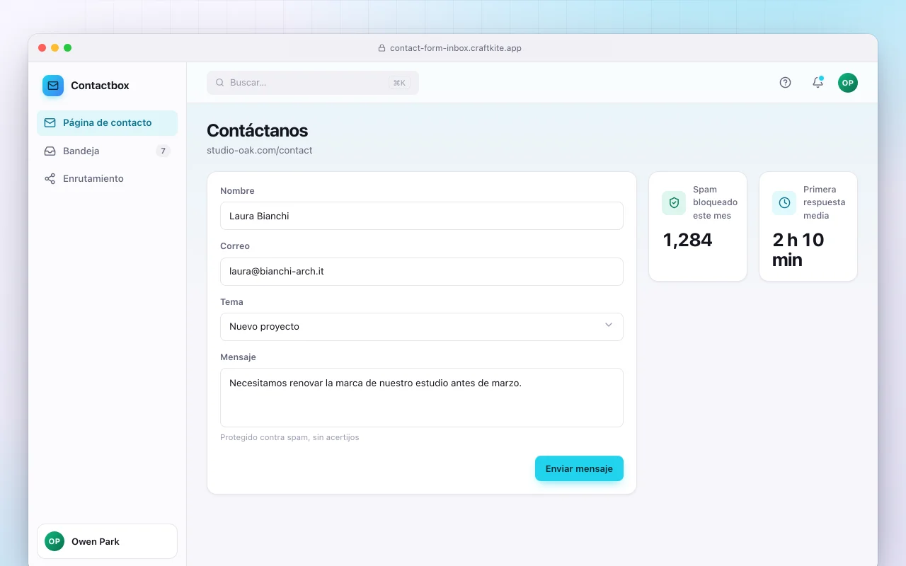 Formulario de contacto con bandeja: la pantalla Contáctanos