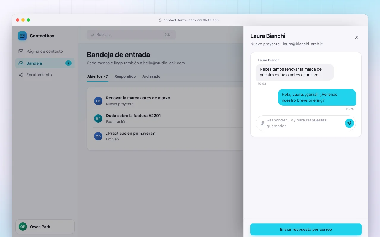Formulario de contacto con bandeja: la pantalla Bandeja de entrada
