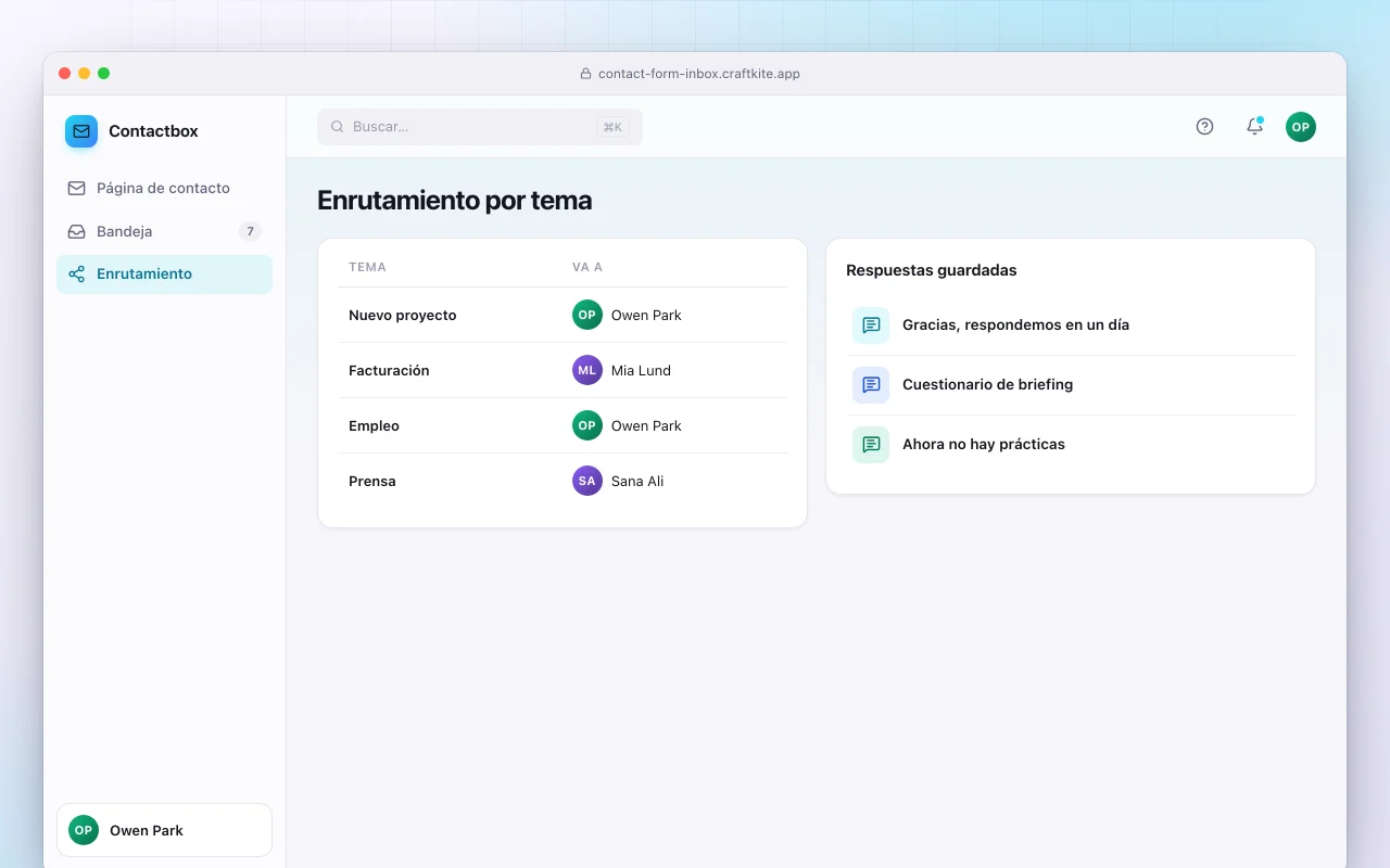 Formulario de contacto con bandeja: la pantalla Enrutamiento por tema
