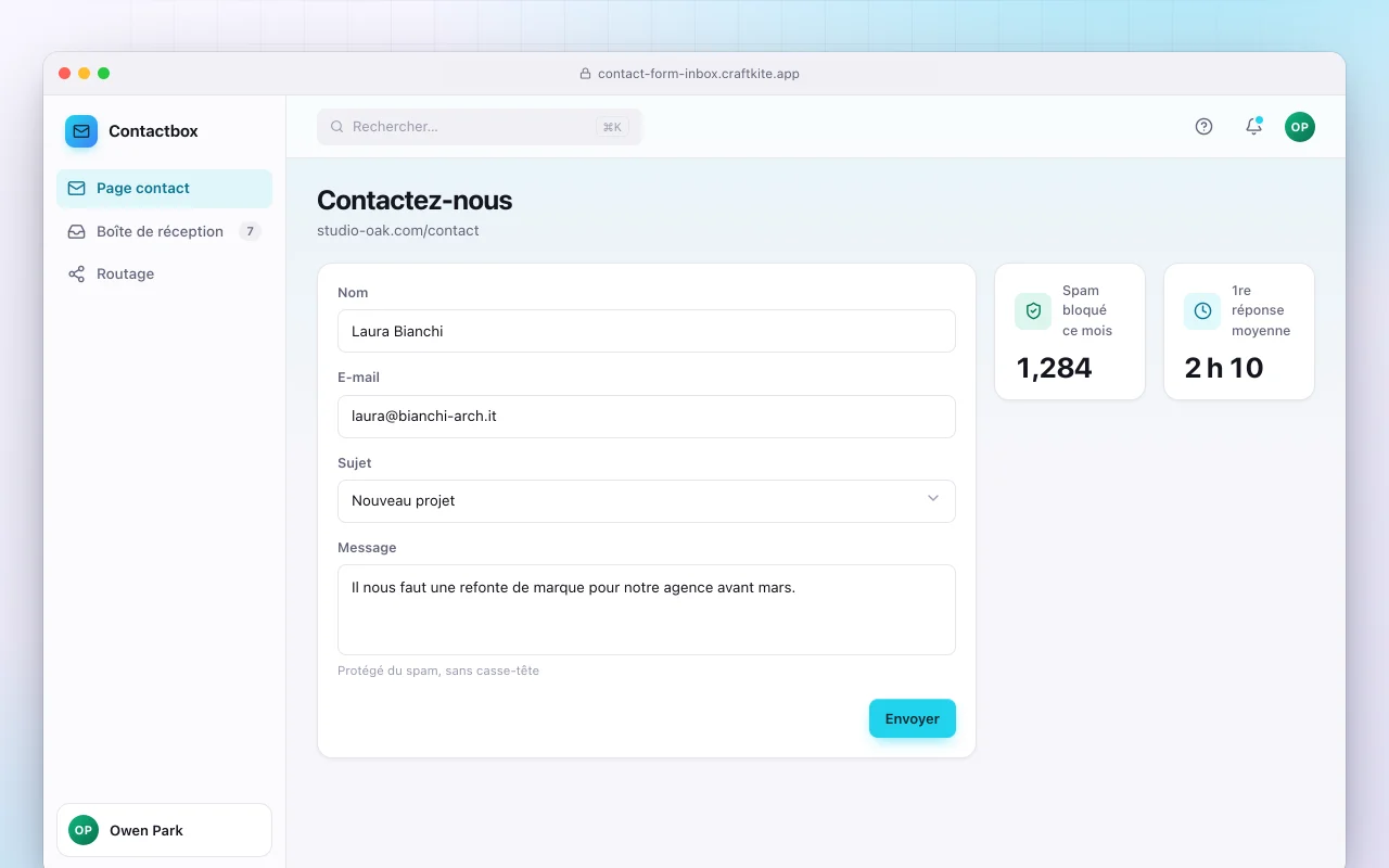 Formulaire de contact avec boîte de réception : l’écran Contactez-nous