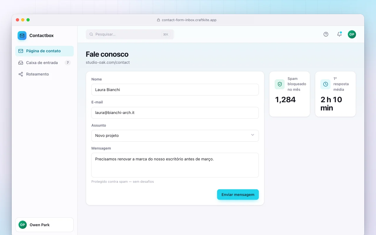 Formulário de contato com caixa de entrada: a tela Fale conosco