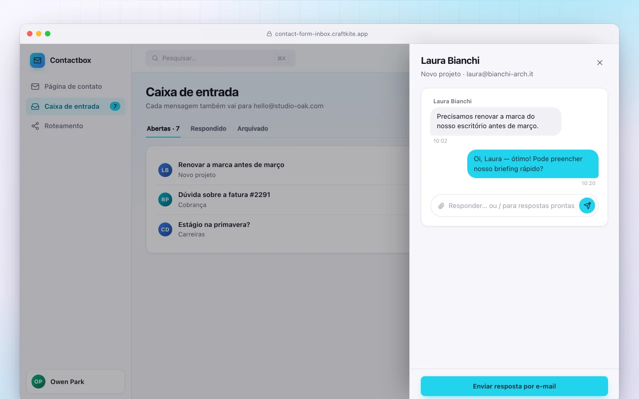 Formulário de contato com caixa de entrada: a tela Caixa de entrada