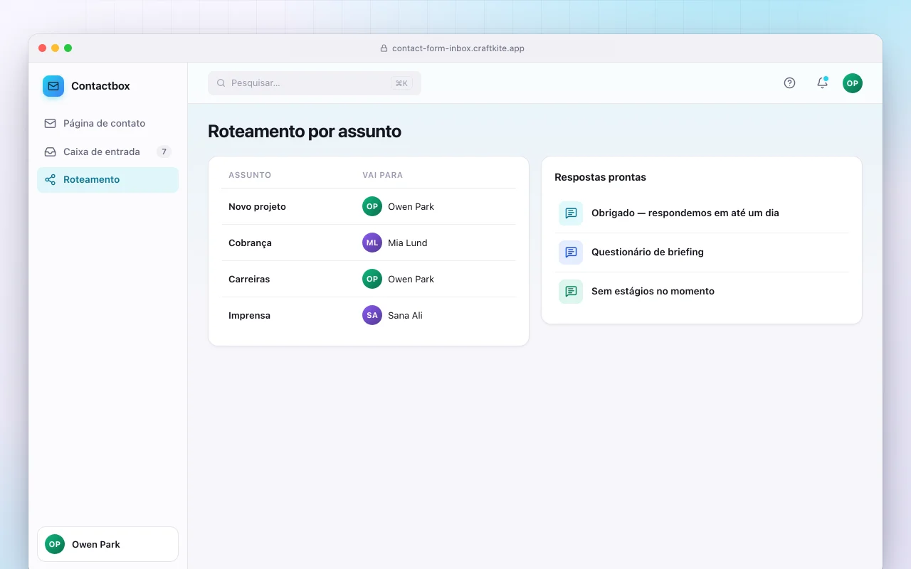 Formulário de contato com caixa de entrada: a tela Roteamento por assunto