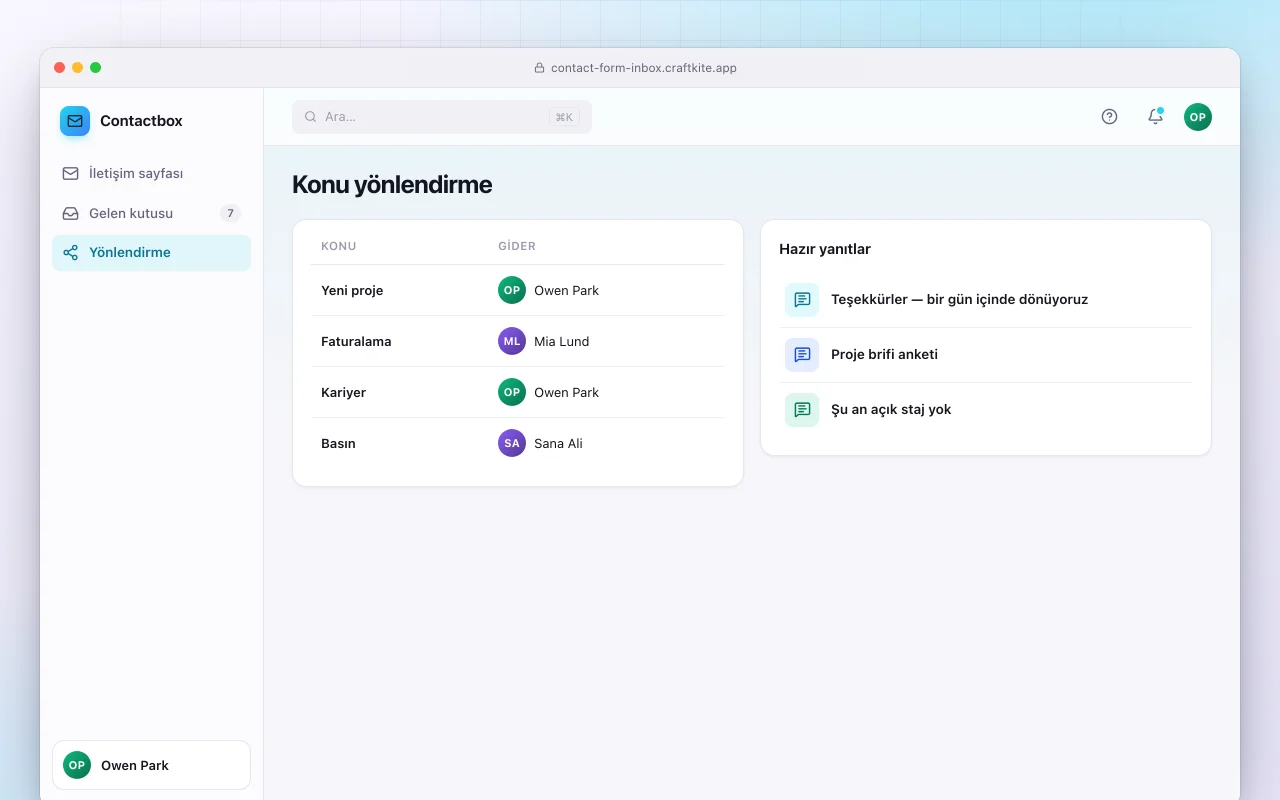 Gelen kutulu iletişim formu: Konu yönlendirme ekranı