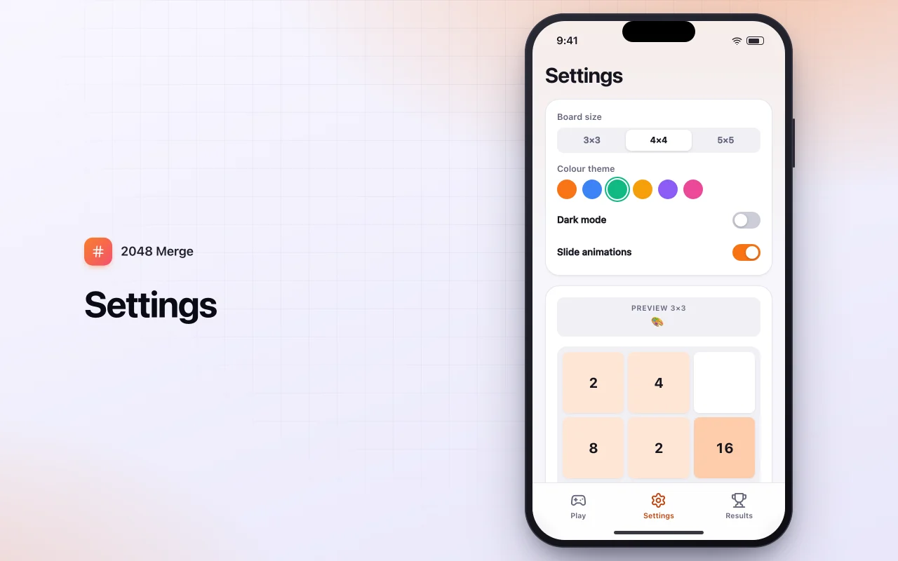 Number merge puzzle: the Settings screen