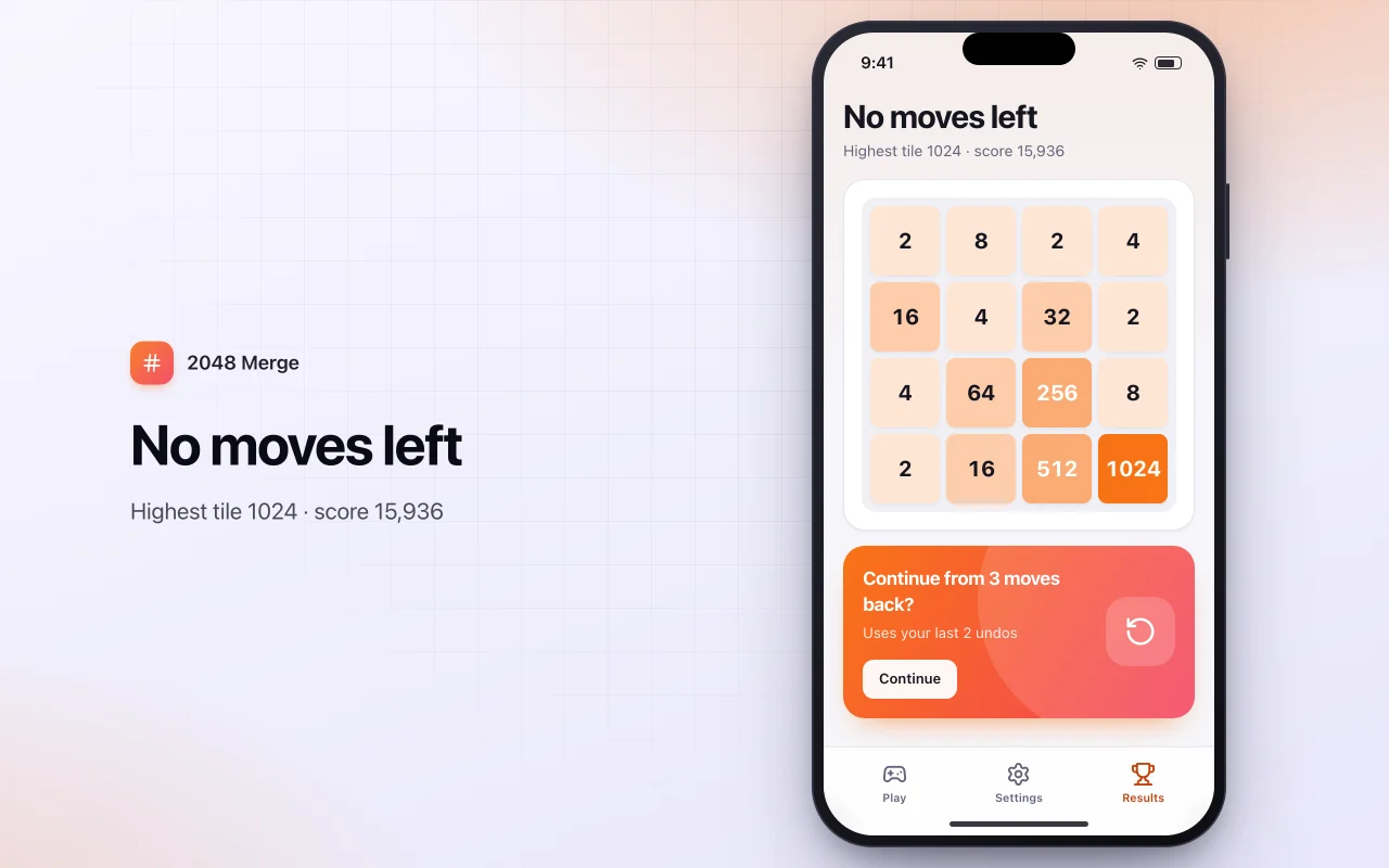 Number merge puzzle: the No moves left screen