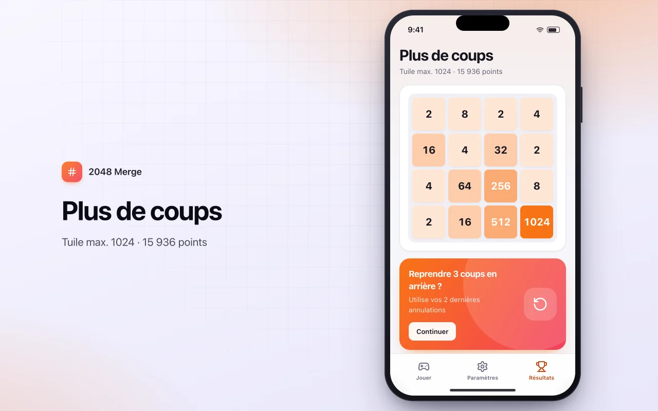 Puzzle de fusion de nombres : l’écran Plus de coups
