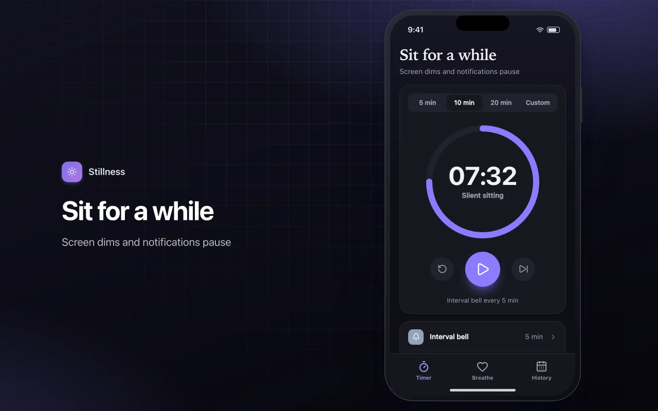 Meditation and breathing timer: the Sit for a while screen