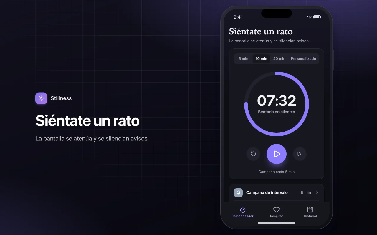 Temporizador de meditación y respiración: la pantalla Siéntate un rato