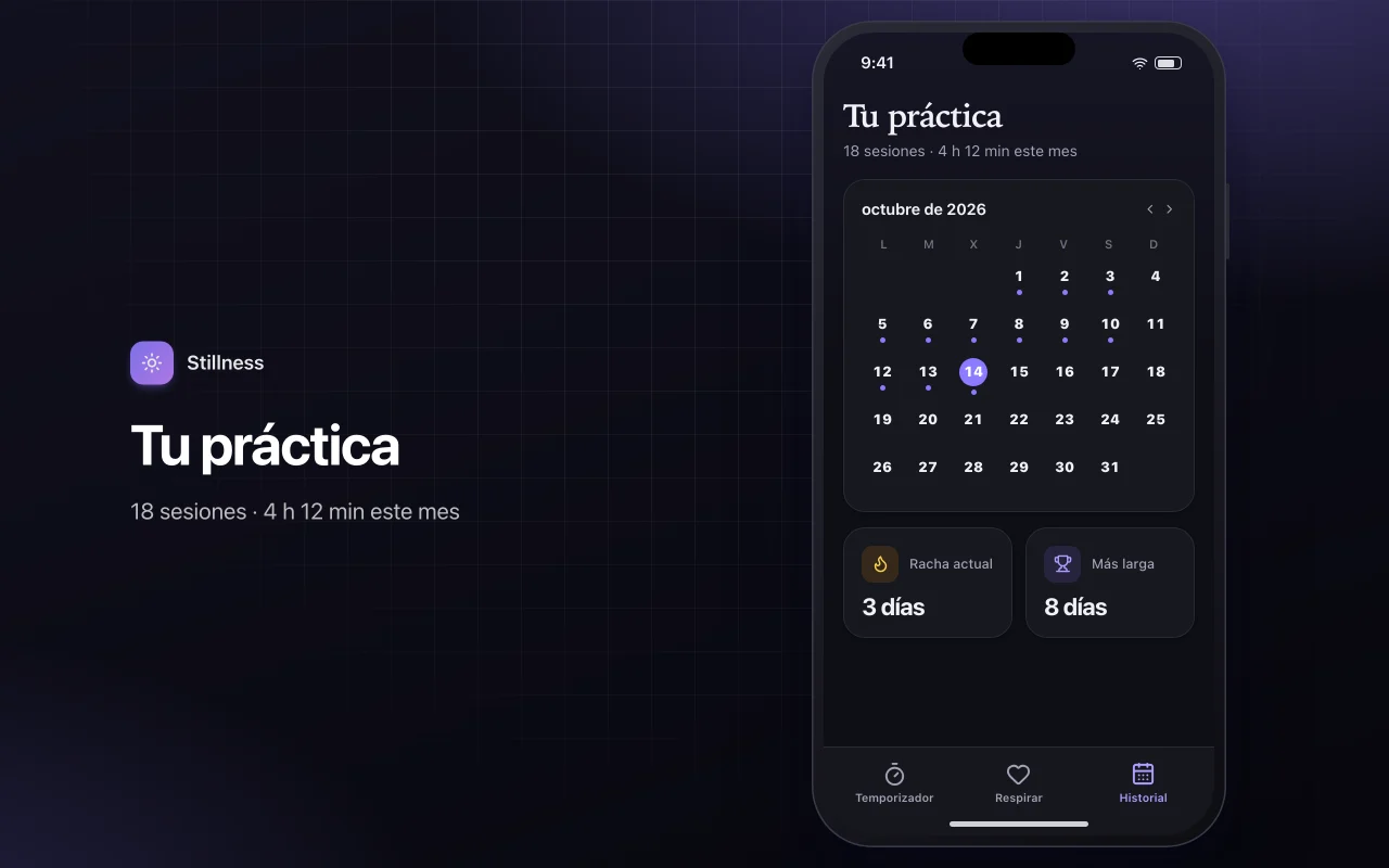 Temporizador de meditación y respiración: la pantalla Tu práctica