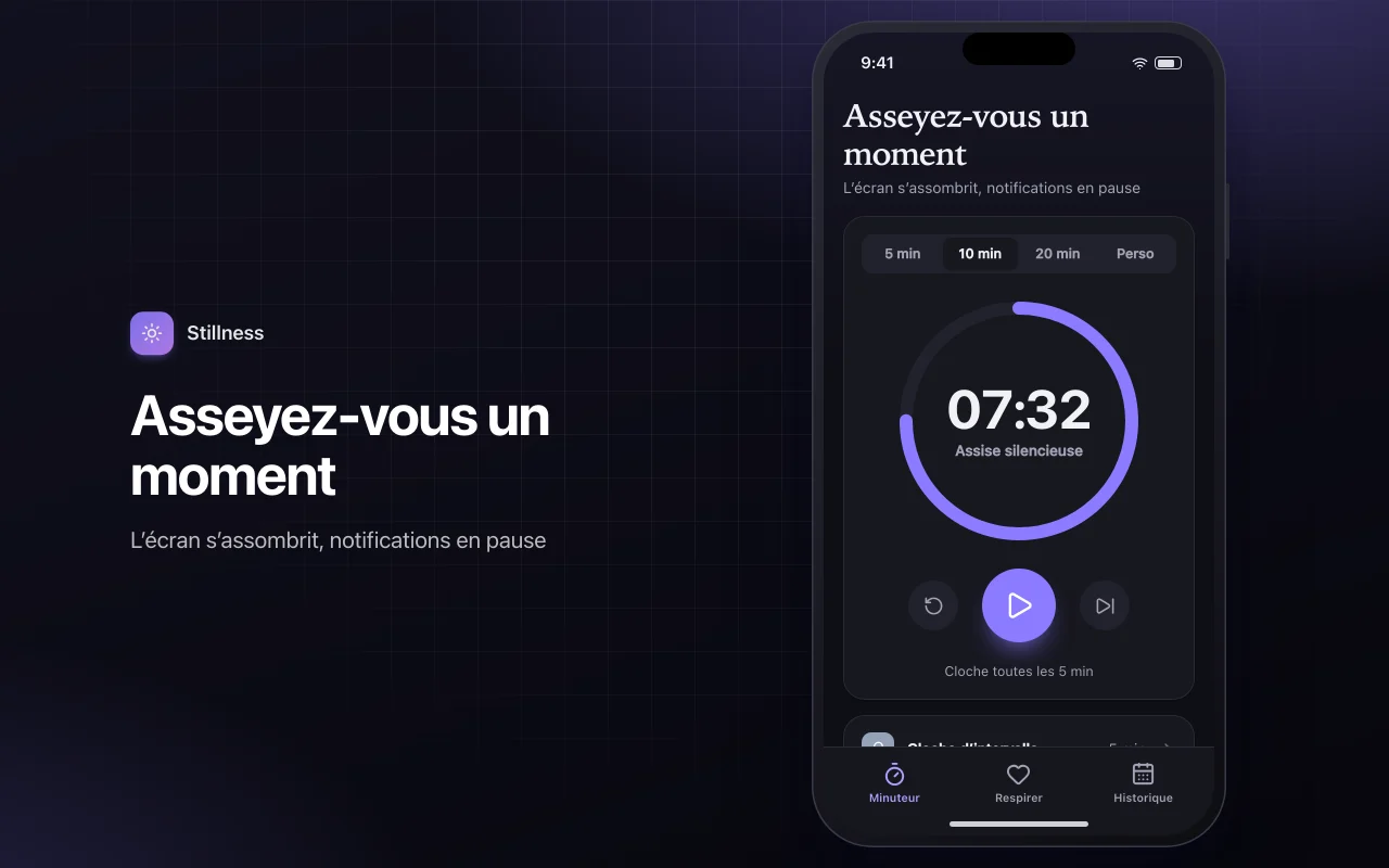Minuteur de méditation et de respiration : l’écran Asseyez-vous un moment