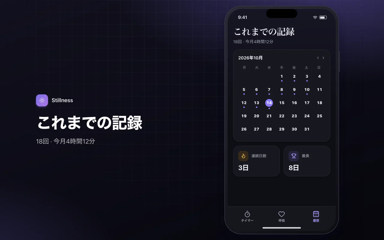 瞑想と呼吸のタイマー：これまでの記録画面