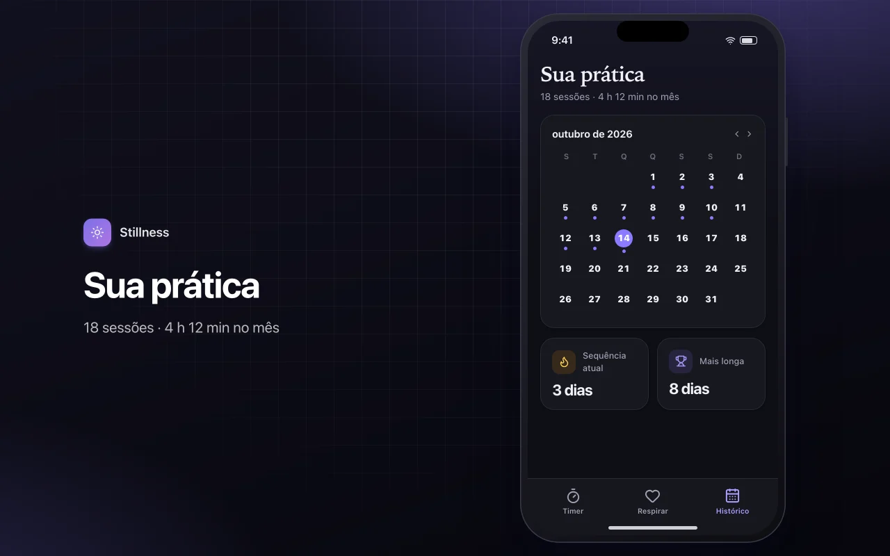 Cronômetro de meditação e respiração: a tela Sua prática