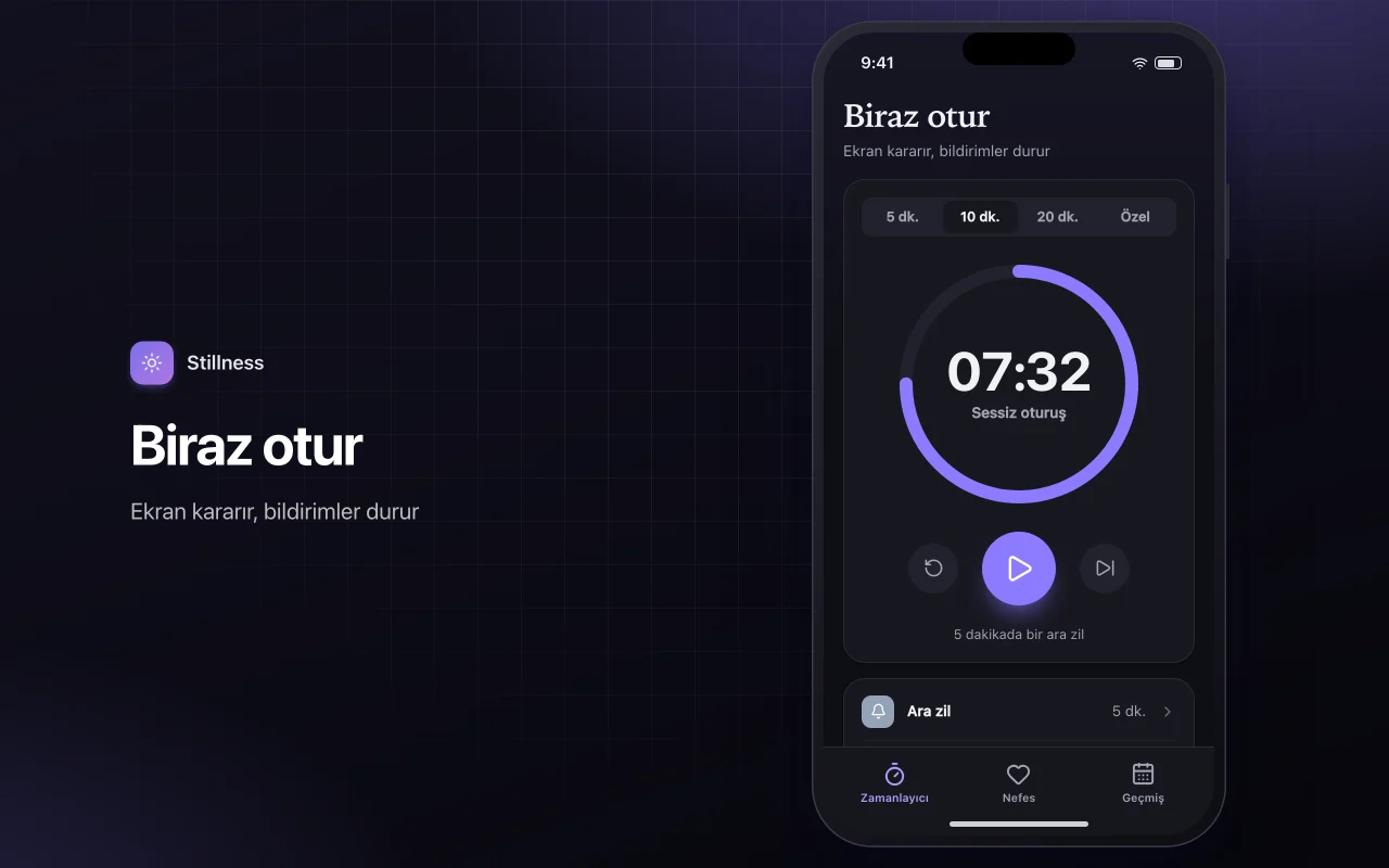 Meditasyon ve nefes zamanlayıcısı: Biraz otur ekranı