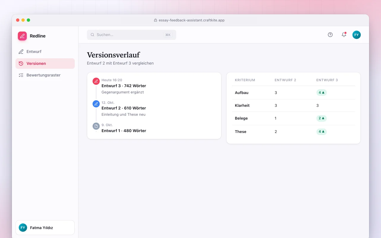 Essay-Feedback-Assistent: der Bildschirm „Versionsverlauf“