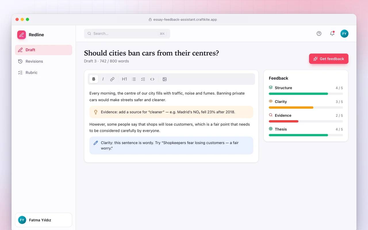 Essay feedback assistant: the Should cities ban cars from their centres? screen