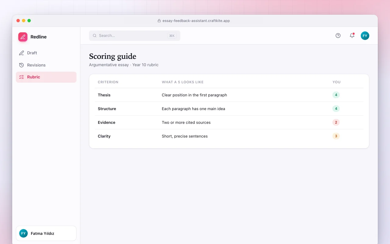 Essay feedback assistant: the Scoring guide screen