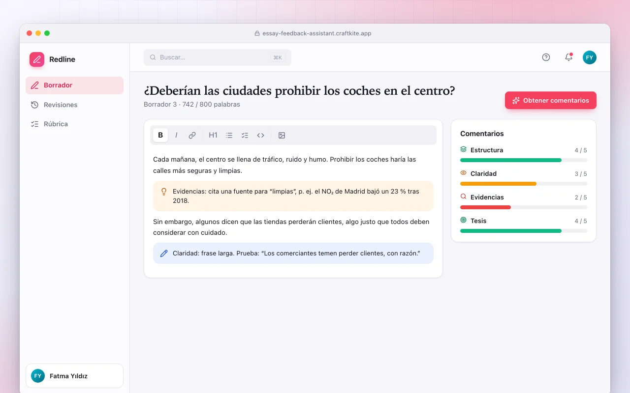 Asistente de comentarios para redacciones: la pantalla ¿Deberían las ciudades prohibir los coches en el centro?