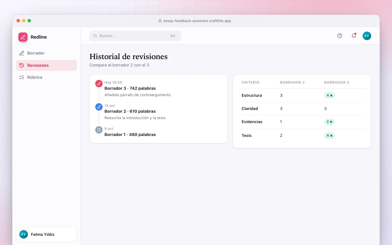 Asistente de comentarios para redacciones: la pantalla Historial de revisiones