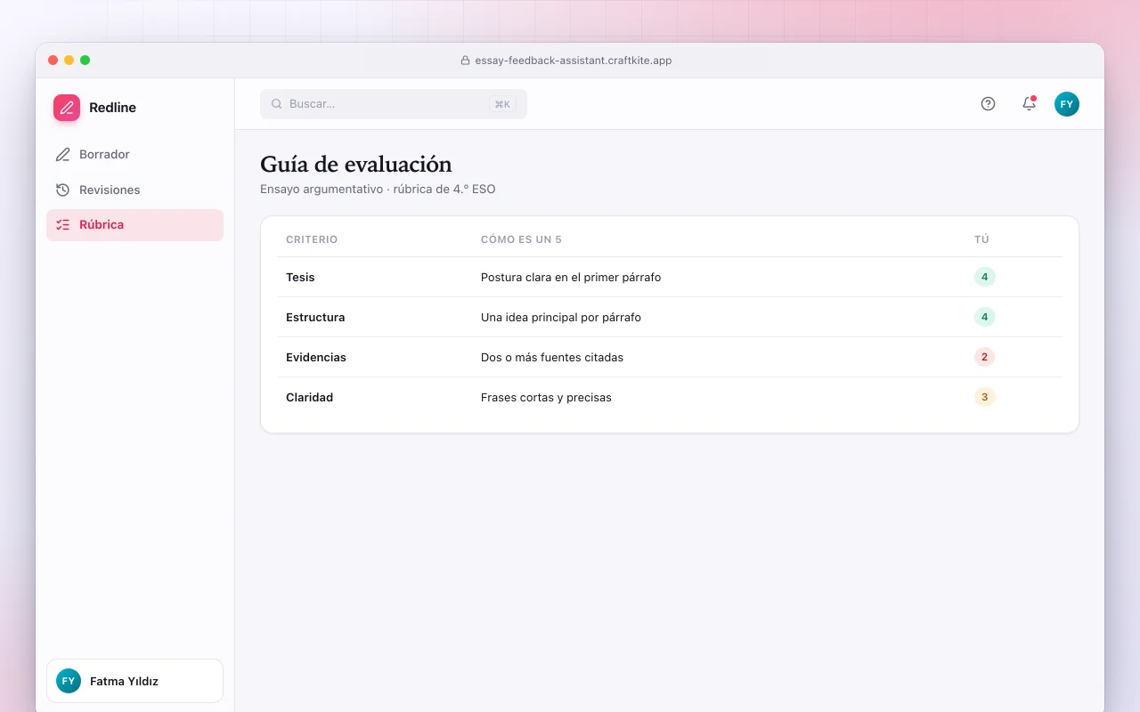 Asistente de comentarios para redacciones: la pantalla Guía de evaluación