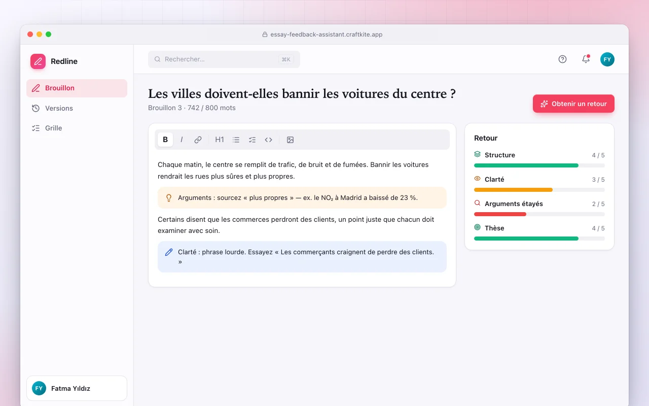 Assistant de retours sur dissertation : l’écran Les villes doivent-elles bannir les voitures du centre ?