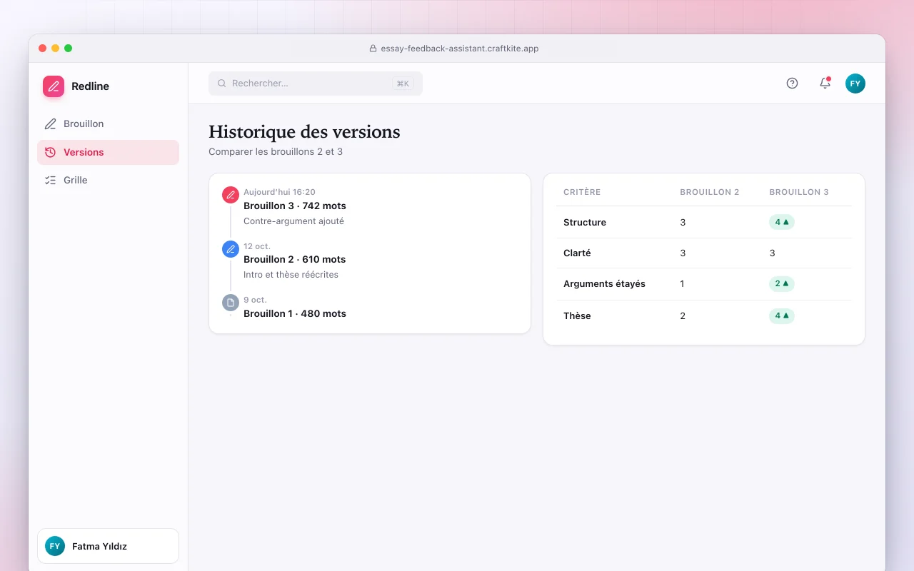 Assistant de retours sur dissertation : l’écran Historique des versions