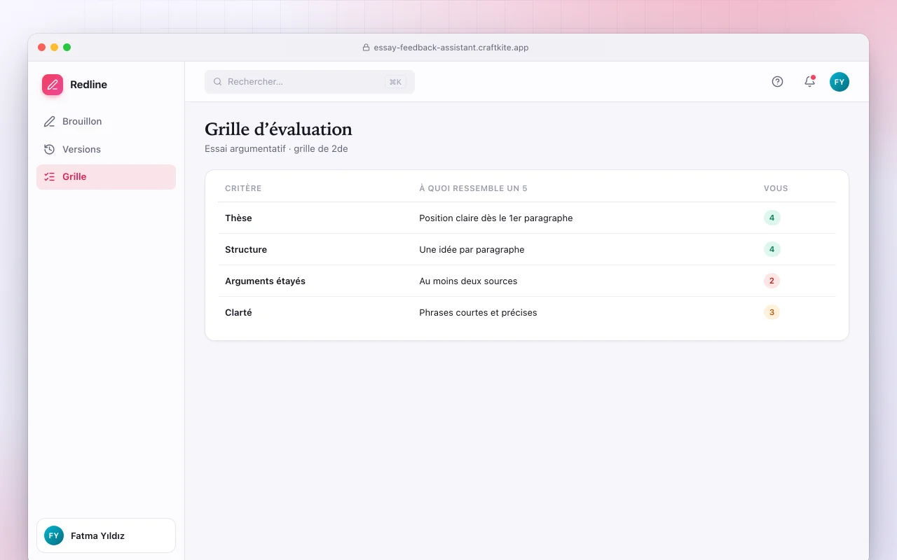 Assistant de retours sur dissertation : l’écran Grille d’évaluation