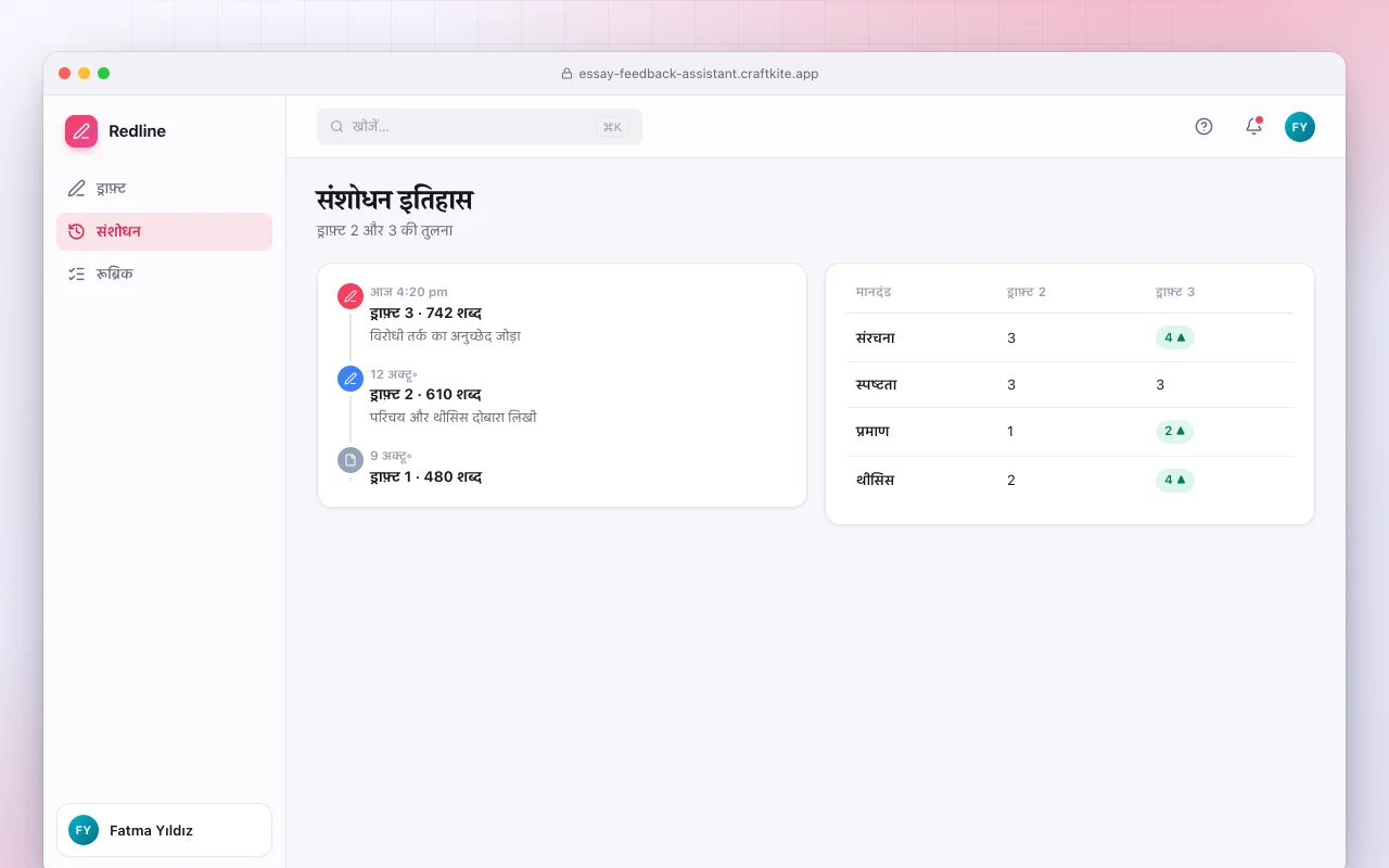 निबंध फ़ीडबैक असिस्टेंट: संशोधन इतिहास स्क्रीन