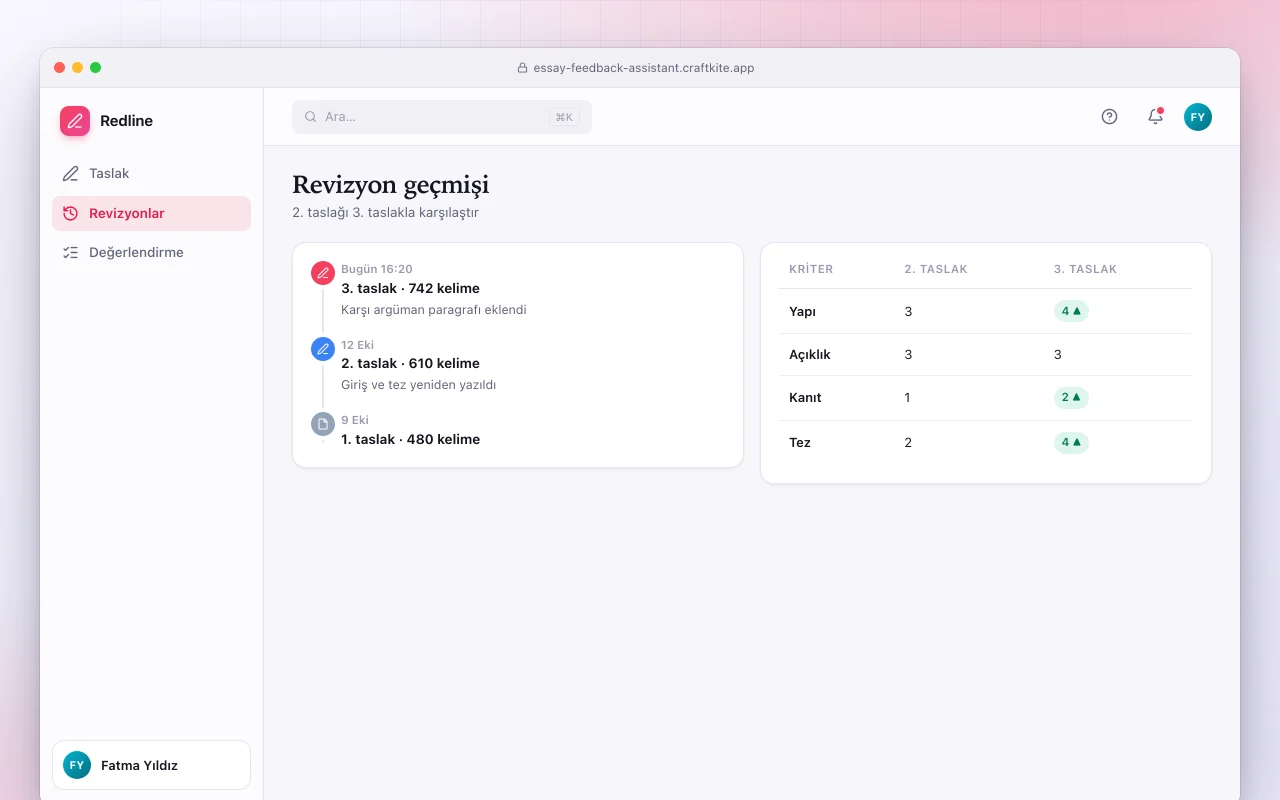 Kompozisyon geri bildirim asistanı: Revizyon geçmişi ekranı