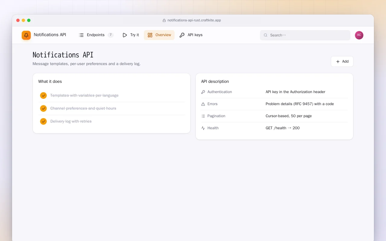 Notifications API (Rust): the Notifications API screen
