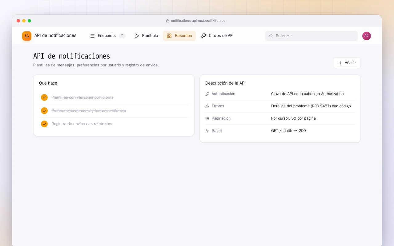 API de notificaciones (Rust): la pantalla API de notificaciones