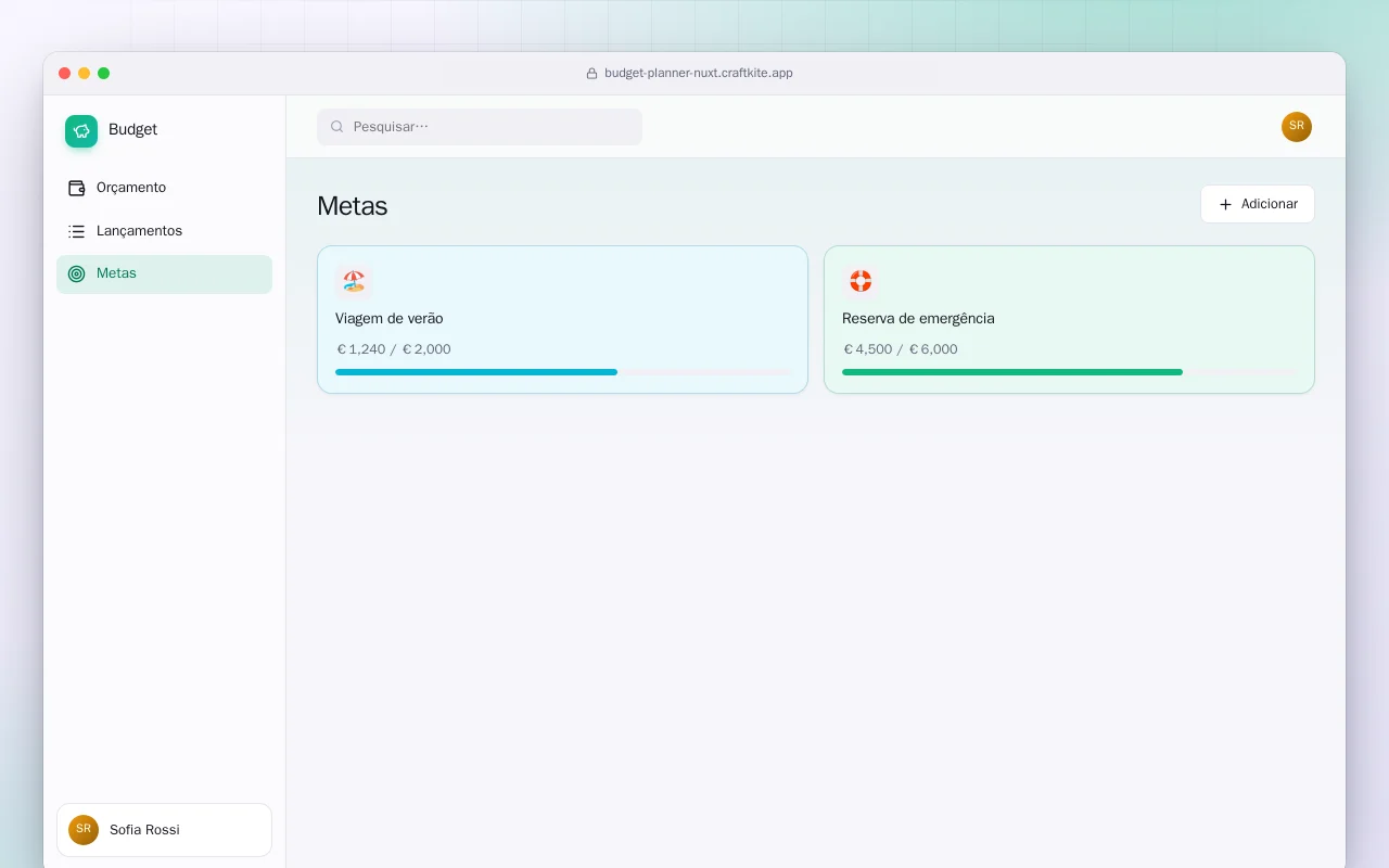Planejador de orçamento (Nuxt): a tela Metas