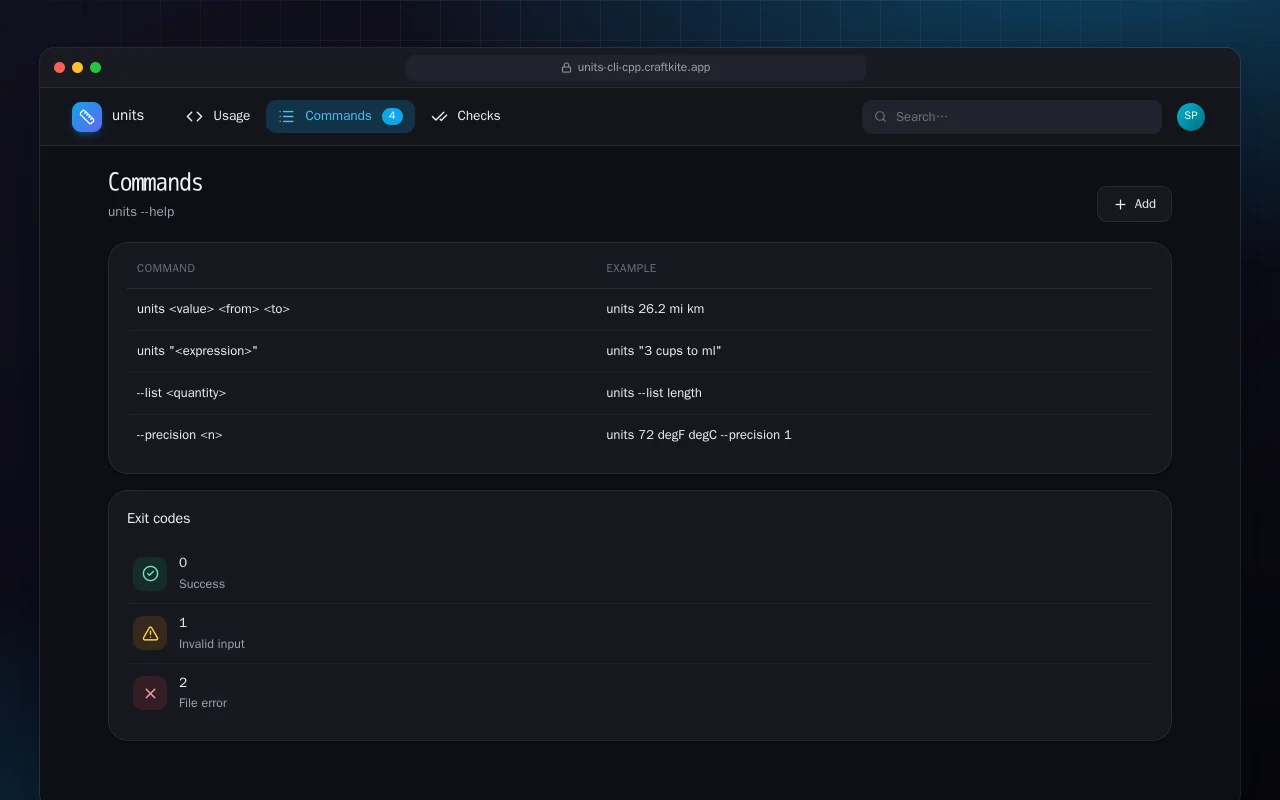 Units CLI (C++): the Commands screen