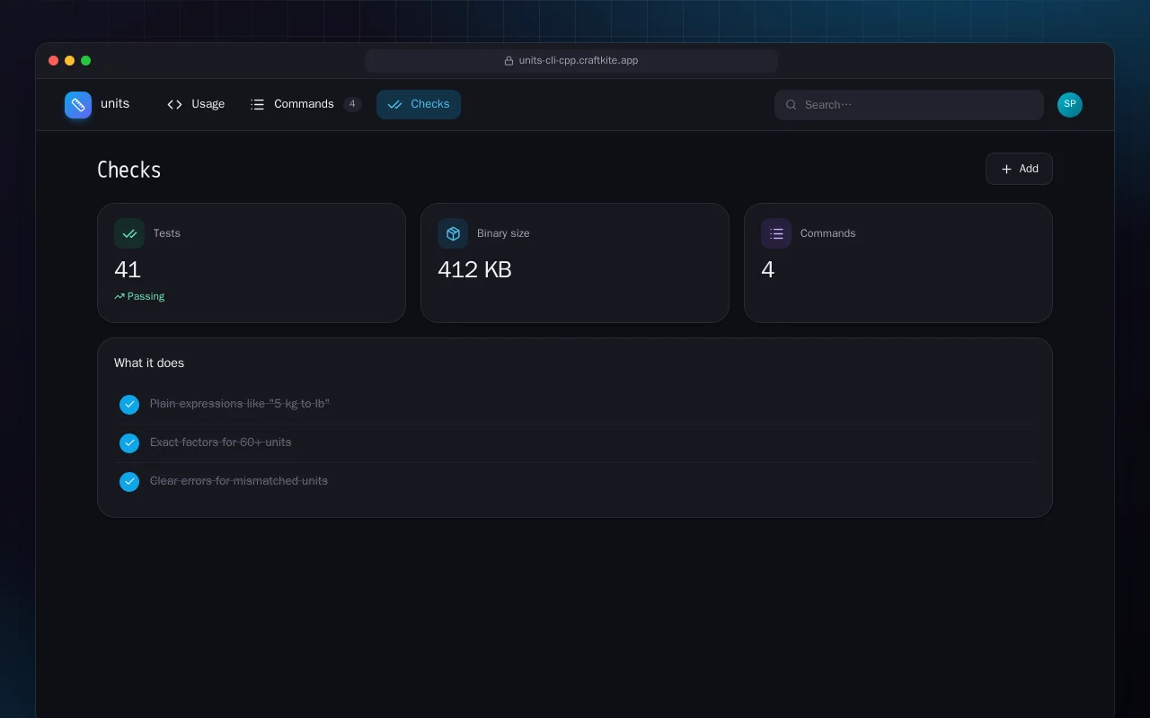Units CLI (C++): the Checks screen