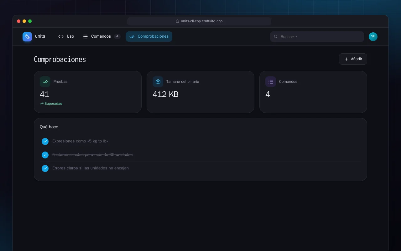 CLI de unidades (C++): la pantalla Comprobaciones