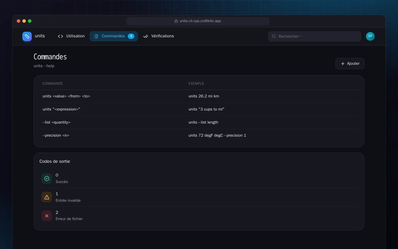 CLI d’unités (C++) : l’écran Commandes