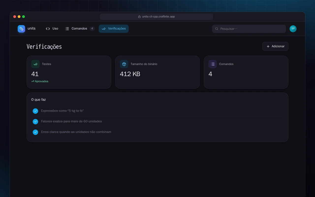 CLI de unidades (C++): a tela Verificações