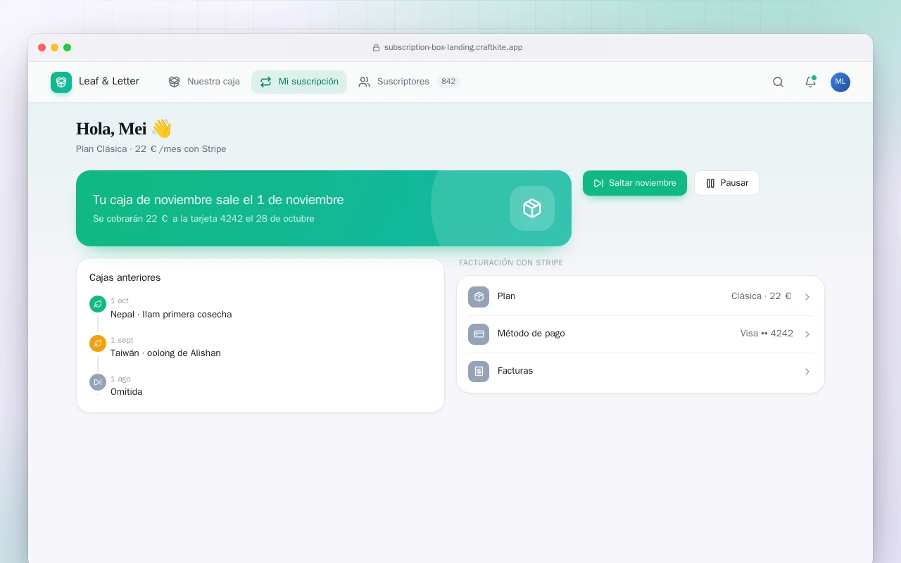 Sitio web de caja por suscripción: la pantalla Hola, Mei 👋