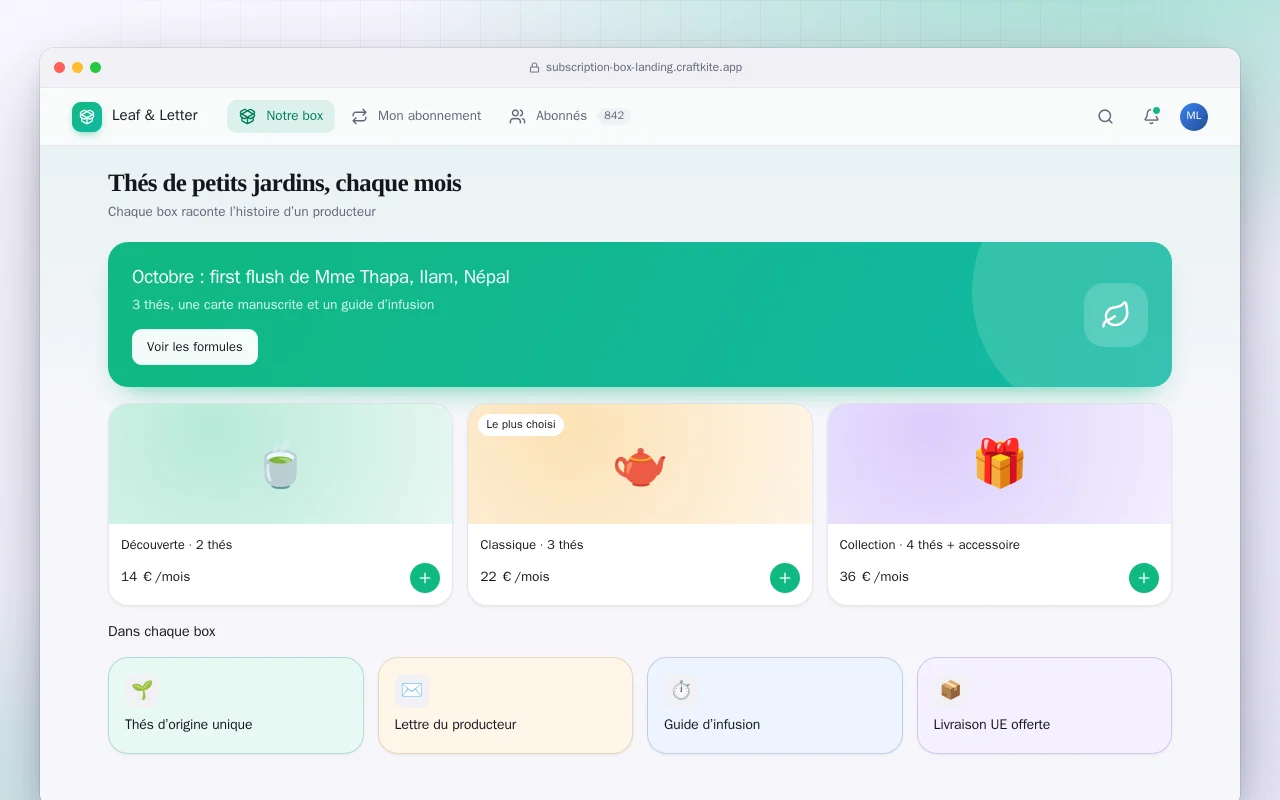 Site de box par abonnement : l’écran Thés de petits jardins, chaque mois