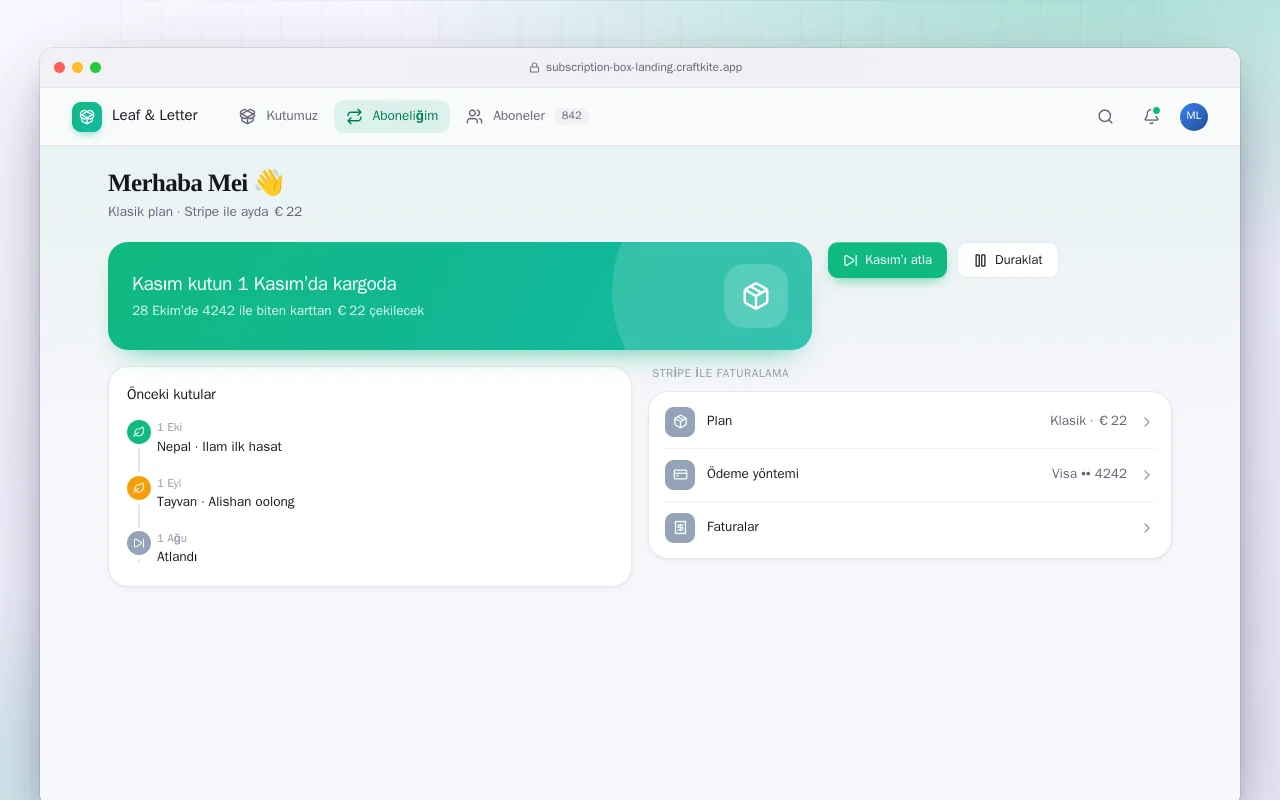 Abonelik kutusu web sitesi: Merhaba Mei 👋 ekranı