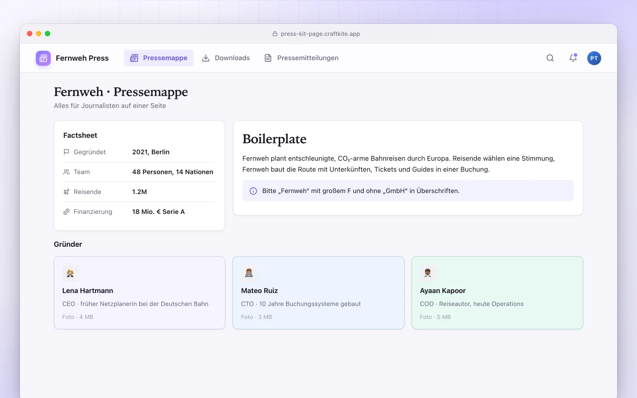 Presse-Kit-Seite: der Bildschirm „Fernweh · Pressemappe“