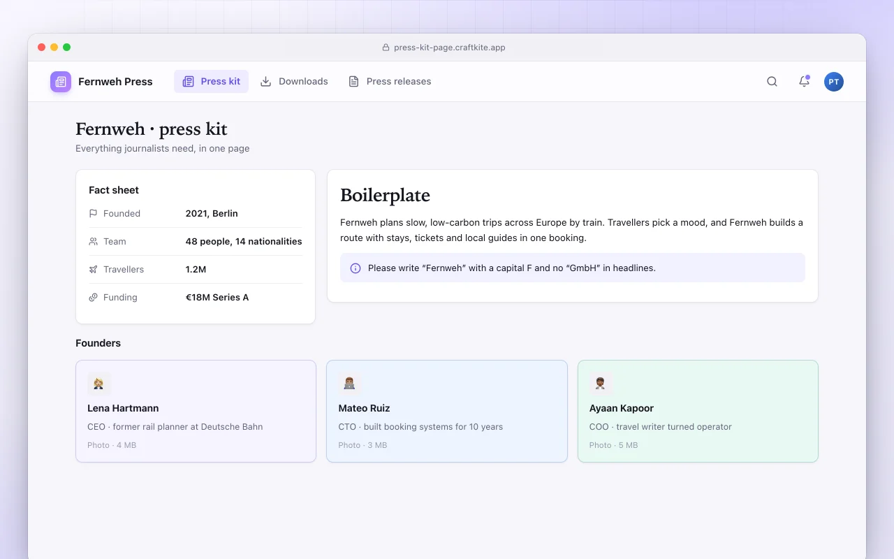 Press kit page: the Fernweh · press kit screen