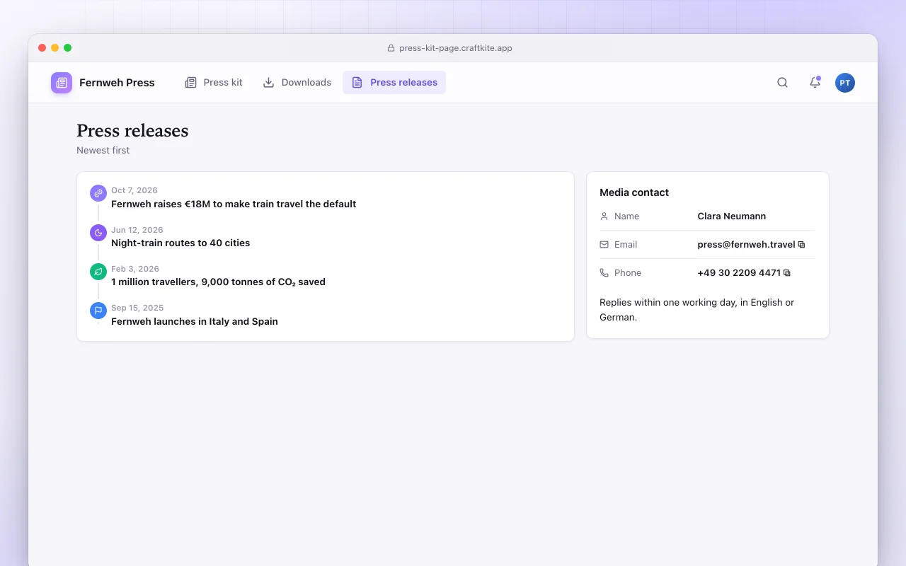 Press kit page: the Press releases screen
