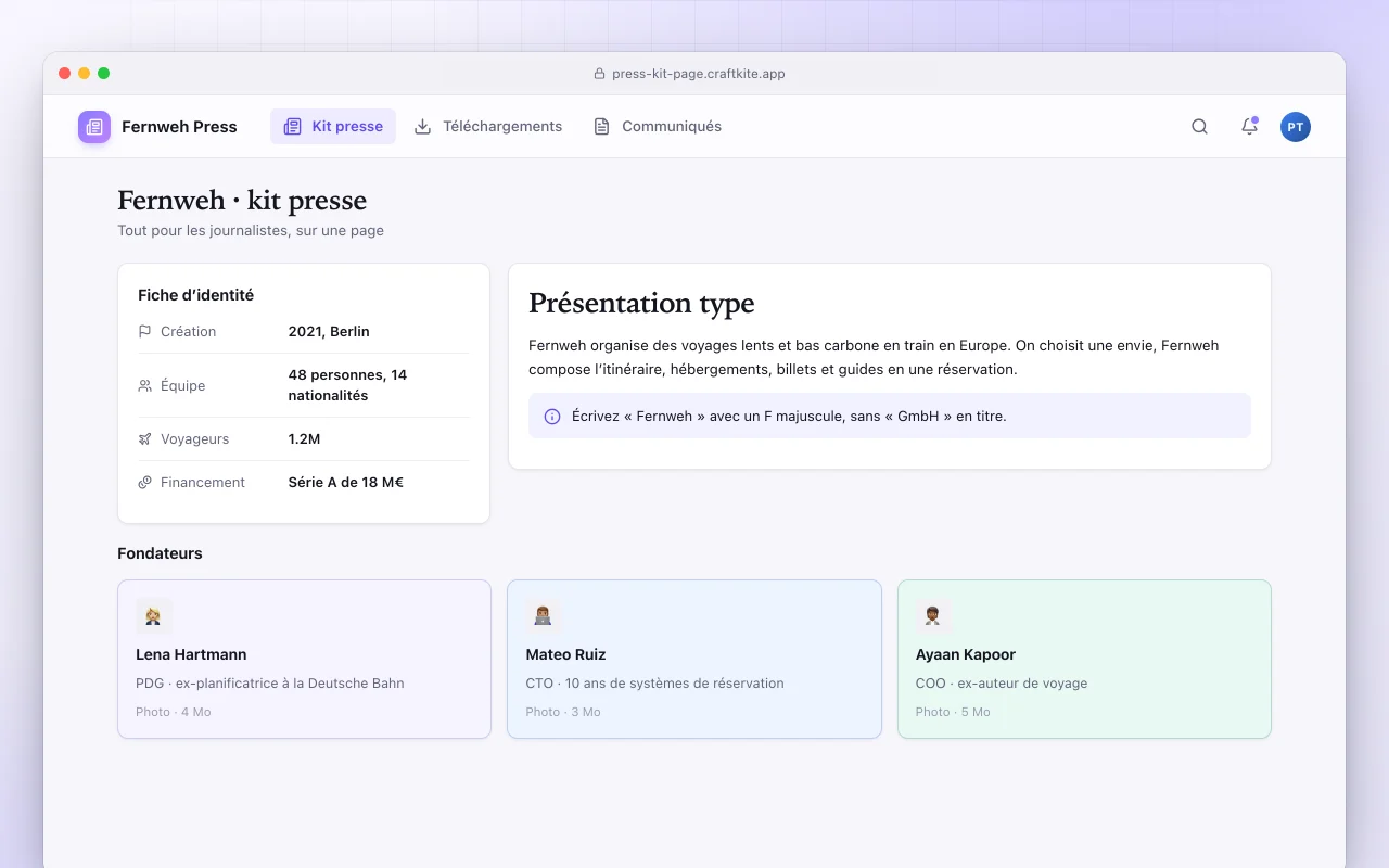 Page de dossier de presse : l’écran Fernweh · kit presse
