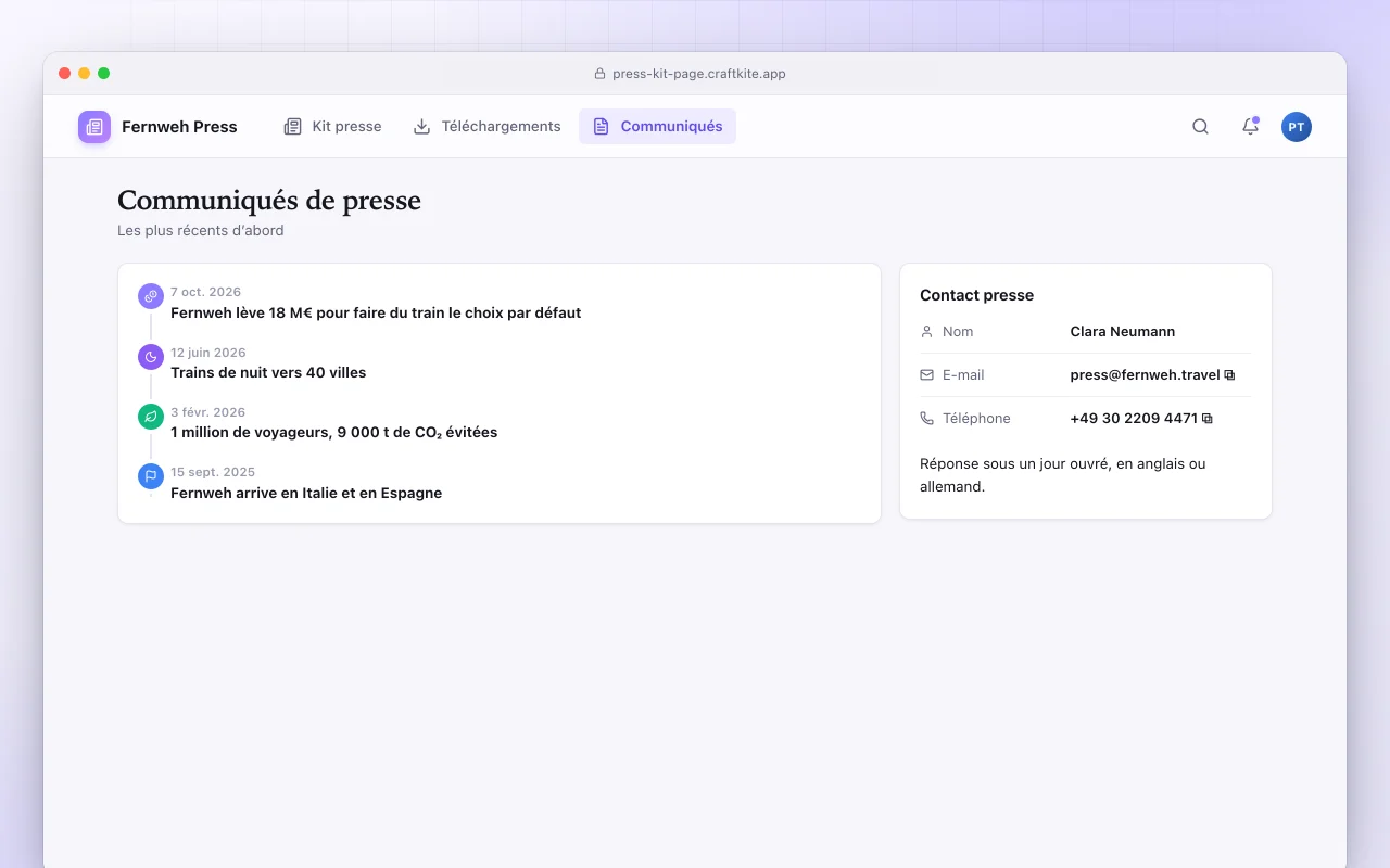 Page de dossier de presse : l’écran Communiqués de presse