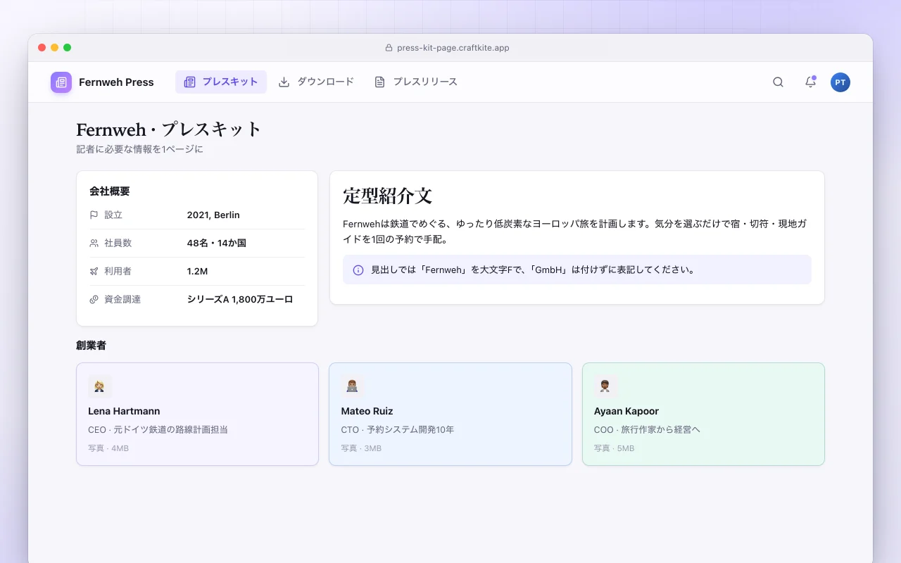 プレスキットページ：Fernweh · プレスキット画面