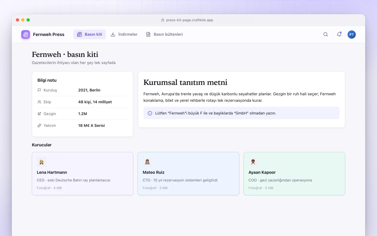 Basın kiti sayfası: Fernweh · basın kiti ekranı